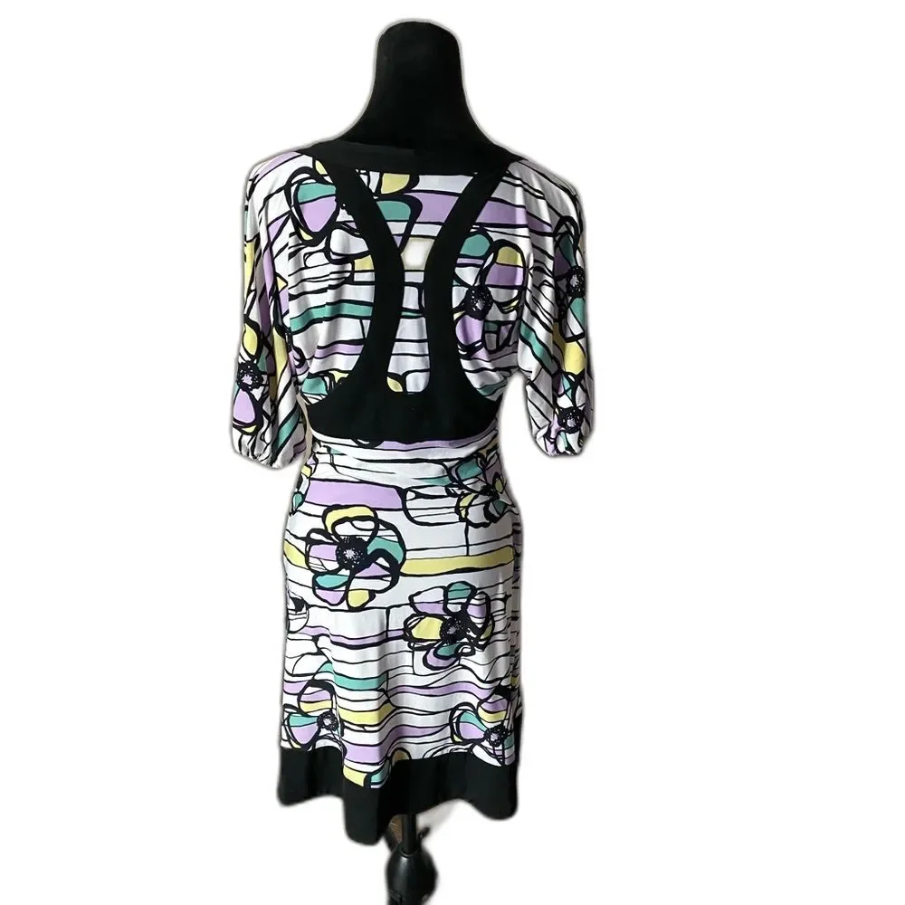 BCBG Max Azria dress floral funky modern mod A-line party work white black M EUC